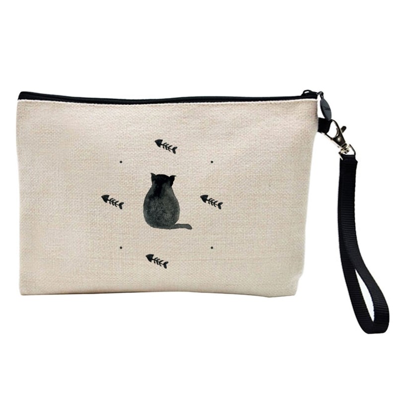 Pochette Trousse de maquillage effet lin imprimé illustration Chat