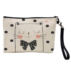 Pochette Trousse de maquillage effet lin imprimé illustration Chat
