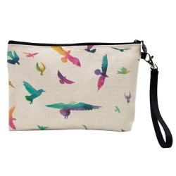 Pochette Trousse de maquillage effet lin imprimé illustration Oiseaux
