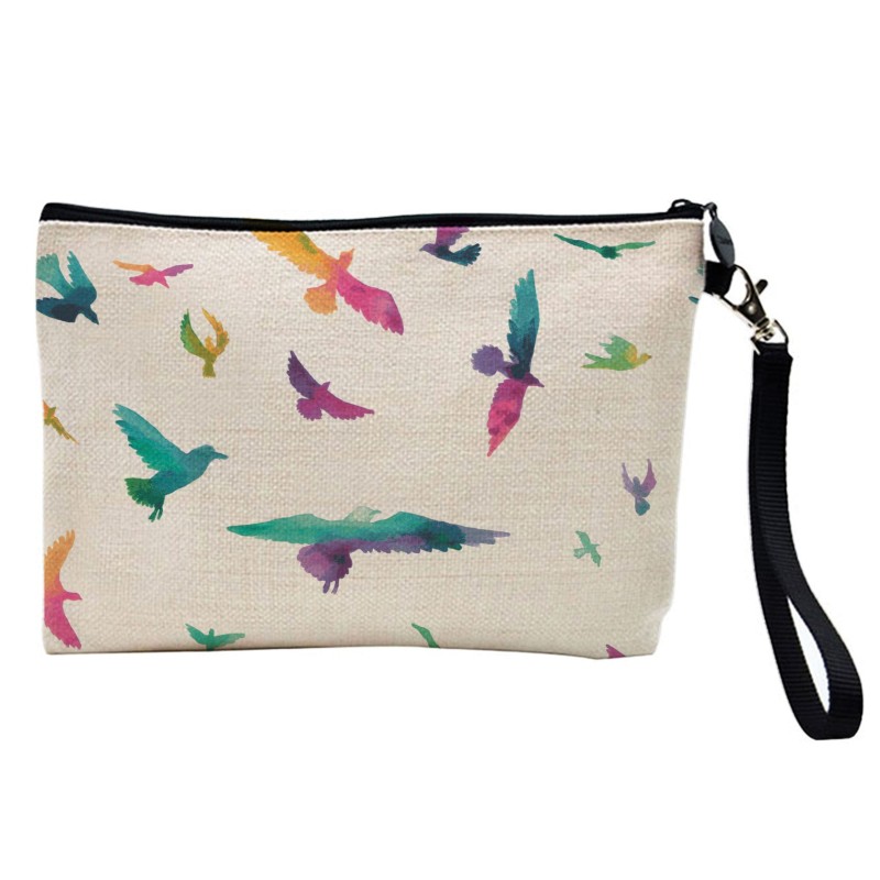 Pochette Trousse de maquillage effet lin imprimé illustration Oiseaux