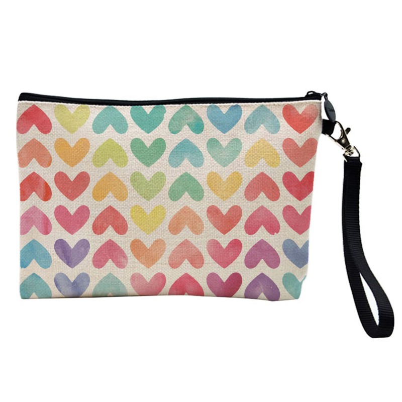 Pochette Trousse de maquillage effet lin imprimé illustration Coeur