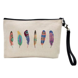Pochette Trousse de maquillage effet lin imprimé illustration Plumes boheme chic