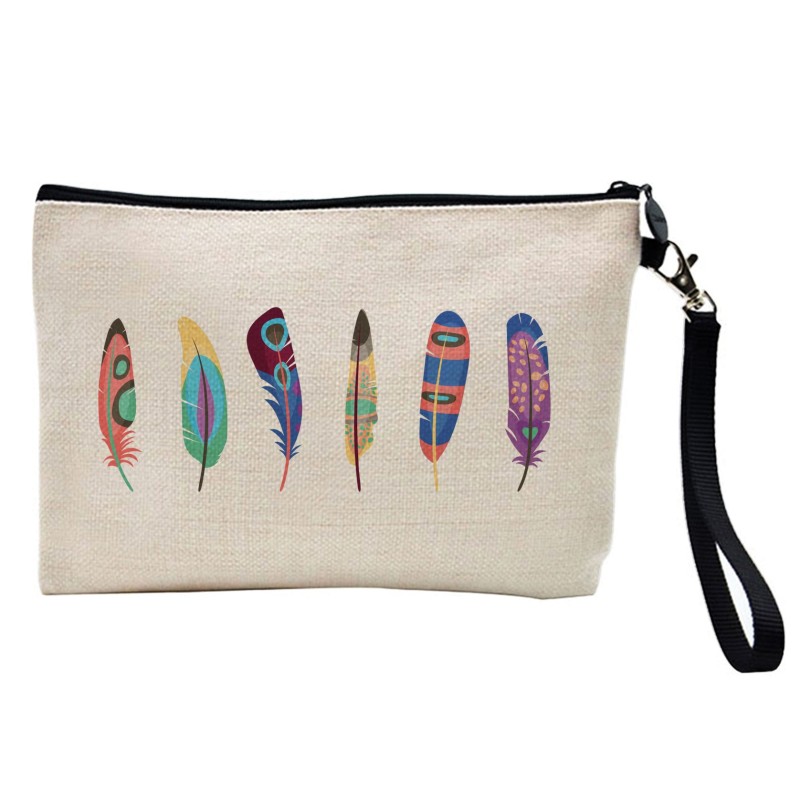 Pochette Trousse de maquillage effet lin imprimé illustration Plumes boheme chic
