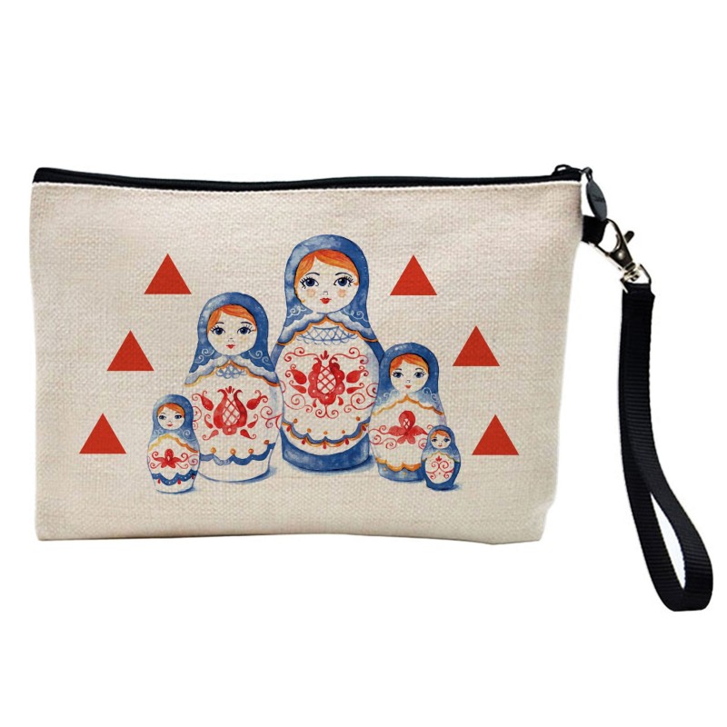 Pochette Trousse de maquillage effet lin imprimé illustration poupée russe