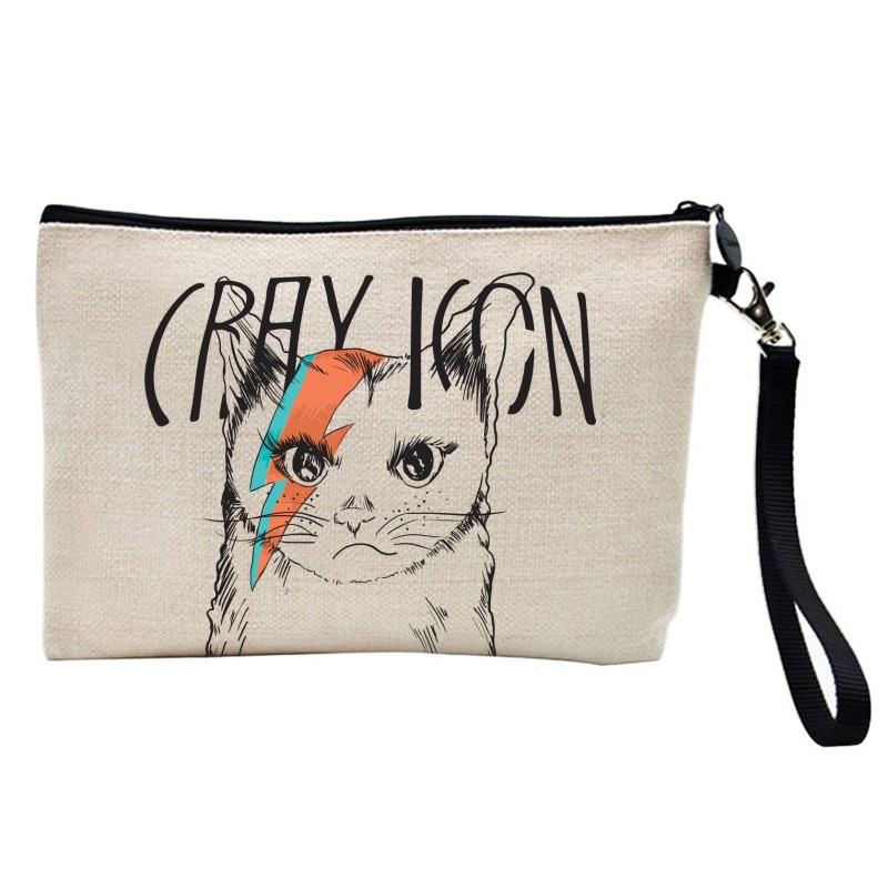 Pochette Trousse de maquillage effet lin imprimé illustration Chat rock n roll
