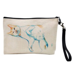 Pochette Trousse de maquillage effet lin imprimé illustration Chat