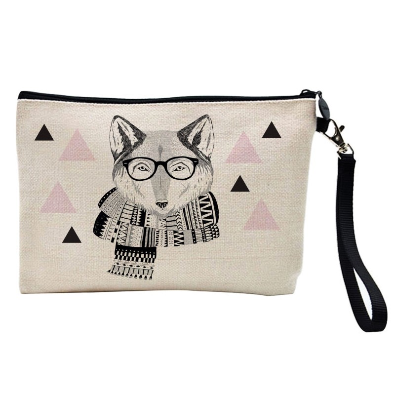 Pochette Trousse de maquillage effet lin imprimé illustration Renard