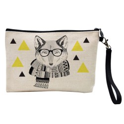 Pochette Trousse de maquillage effet lin imprimé illustration Renard