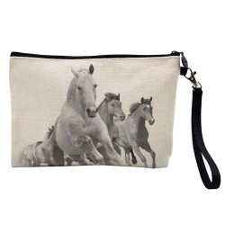 Pochette Trousse de maquillage effet lin imprimé illustration Cheval