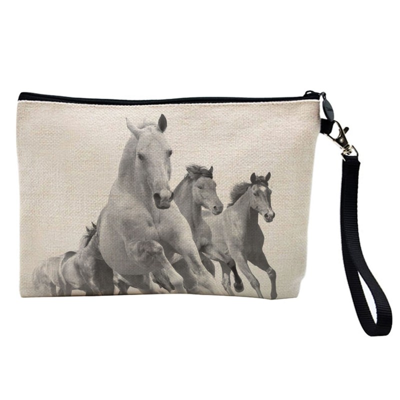 Pochette Trousse de maquillage effet lin imprimé illustration Cheval
