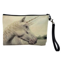 Pochette Trousse de maquillage effet lin imprimé illustration Cheval Licorne