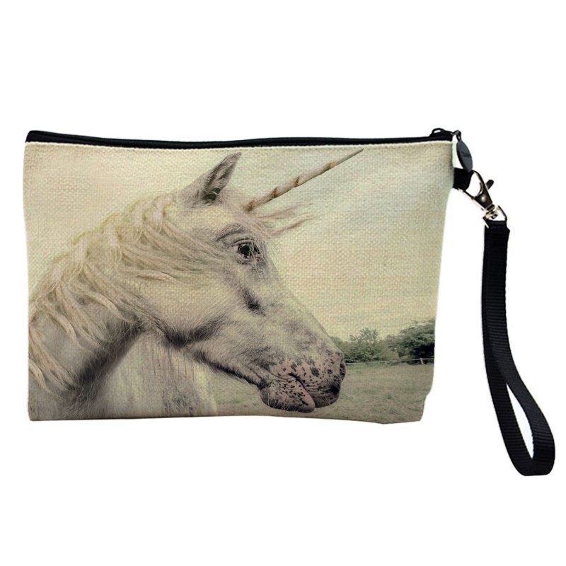 Pochette Trousse de maquillage effet lin imprimé illustration Cheval Licorne