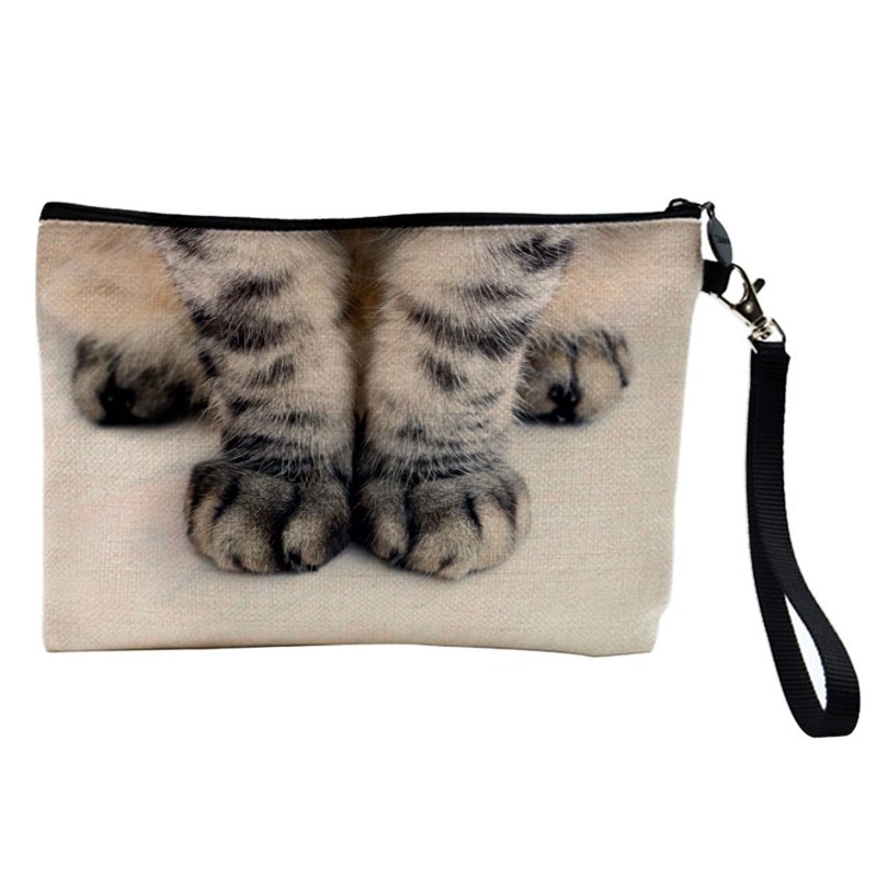 Pochette Trousse de maquillage effet lin imprimé illustration chat