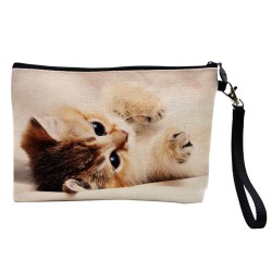 Pochette Trousse de maquillage effet lin imprimé illustration Chat