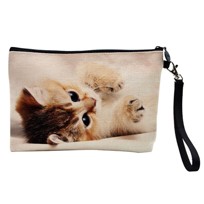 Pochette Trousse de maquillage effet lin imprimé illustration Chat