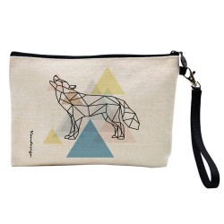 Pochette Trousse de maquillage effet lin imprimé illustration loup