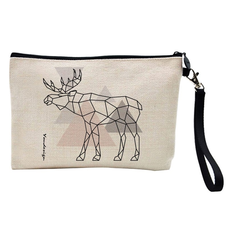 Pochette Trousse de maquillage effet lin imprimé illustration cerf