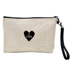 Pochette Trousse de maquillage effet lin imprimé illustration je t'aime coeur