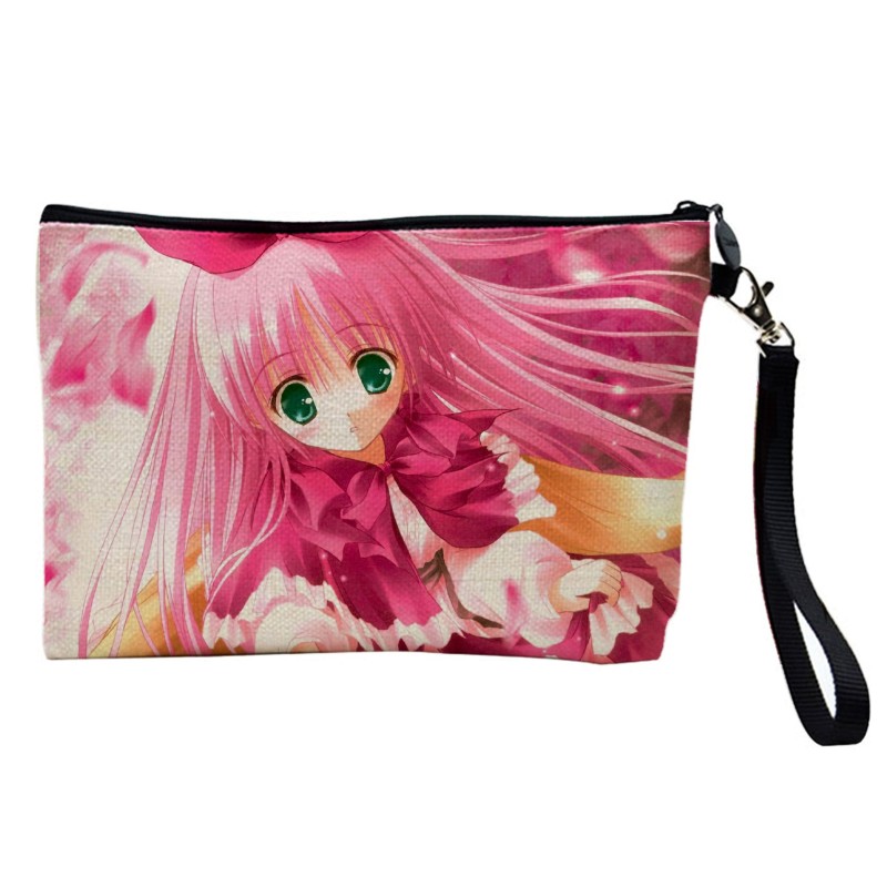Pochette Trousse de maquillage effet lin imprimé illustration Manga rose