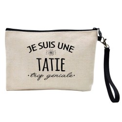 Pochette Trousse à crayons et maquillage lin imprimé citation Je suis une tatie trop géniale