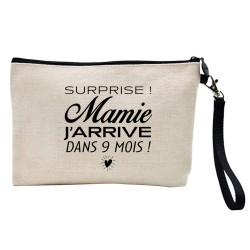 Pochette Trousse à crayons et maquillage lin imprimé citation Naissance surprise mamie j'arrive