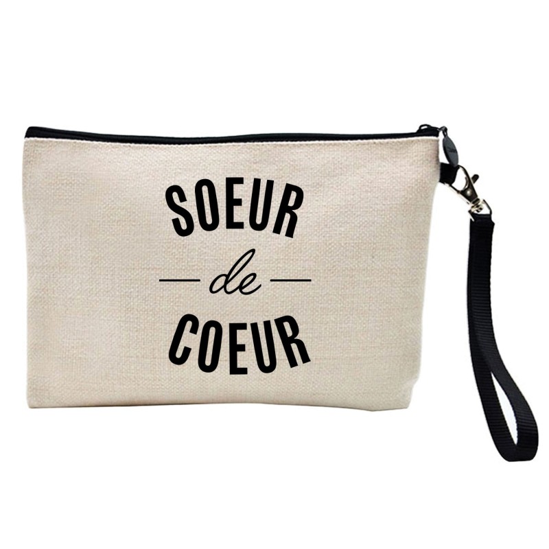 Pochette Trousse à crayons et maquillage lin imprimé citation Soeur de coeur