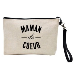 Pochette Trousse à crayons et maquillage lin imprimé citation Maman de coeur