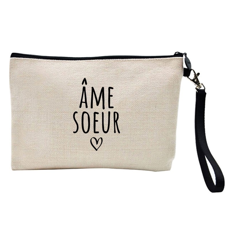 Pochette Trousse à crayons et maquillage lin imprimé citation Ame soeur