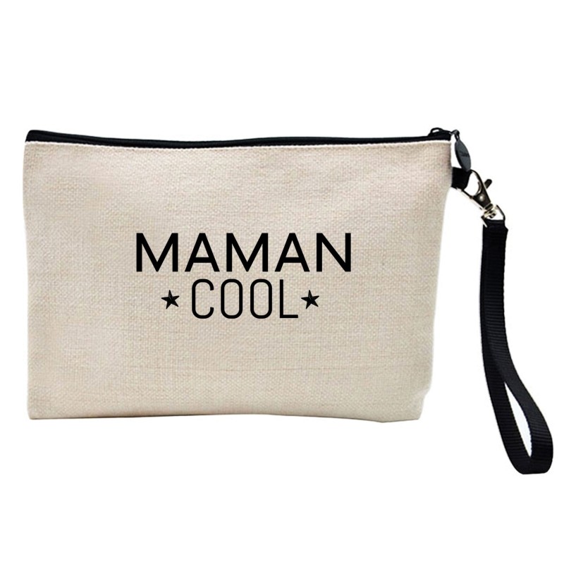 Pochette Trousse à crayons et maquillage lin imprimé citation Maman cool