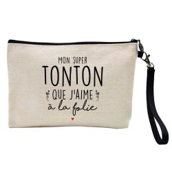 Pochette Trousse à crayons et maquillage lin imprimé citation Mon super tonton que j'aime a la folie