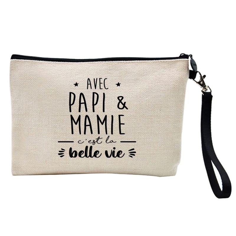 Pochette Trousse à crayons et maquillage lin imprimé citation Avec papi et ami c'est la belle vie