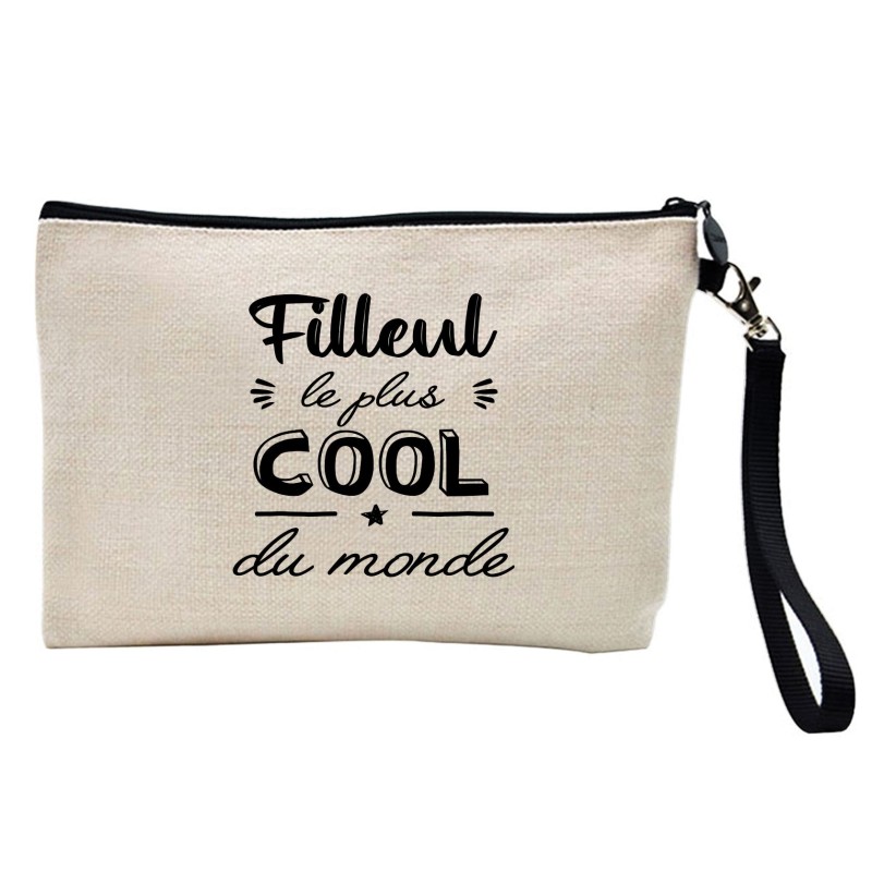 Pochette Trousse à crayons et maquillage lin imprimé citation Filleul le plus cool du monde