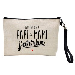 Pochette Trousse à crayons et maquillage lin imprimé citation Naissance papi & mami j'arrive