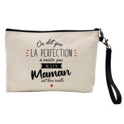 Pochette Trousse à crayons et maquillage lin imprimé citation La perfection n'existe pas mais maman est bien réelle