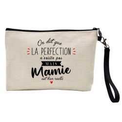 Pochette Trousse à crayons et maquillage lin imprimé citation La perfection n'existe pas mais mamie est bien réelle