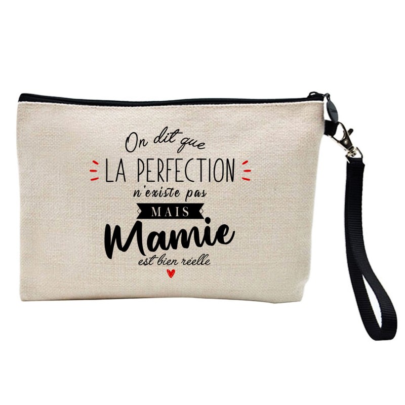 Pochette Trousse à crayons et maquillage lin imprimé citation La perfection n'existe pas mais mamie est bien réelle