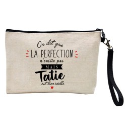 Pochette Trousse à crayons et maquillage lin imprimé citation La perfection n'existe pas mais tatie est bien réelle