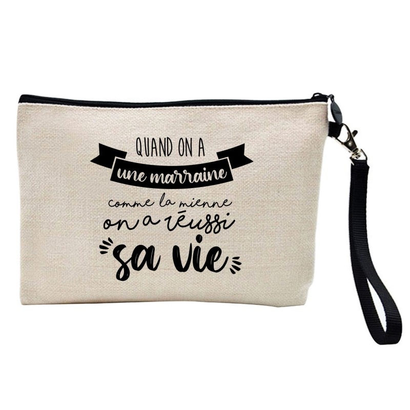 Pochette Trousse à crayons et maquillage lin imprimé citation Une marraine comme la mienne on a réussi sa vie
