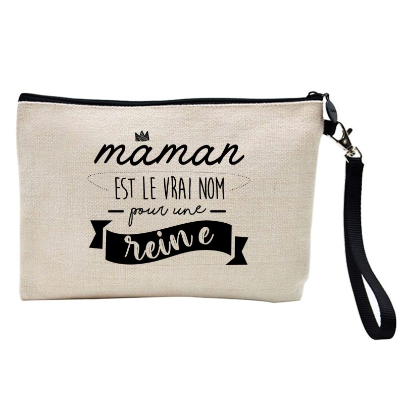Pochette Trousse à crayons et maquillage lin imprimé citation Maman est le vrai nom pour une reine