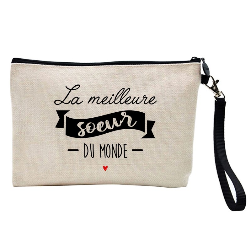Pochette Trousse à crayons et maquillage lin imprimé citation La meilleure soeur du monde
