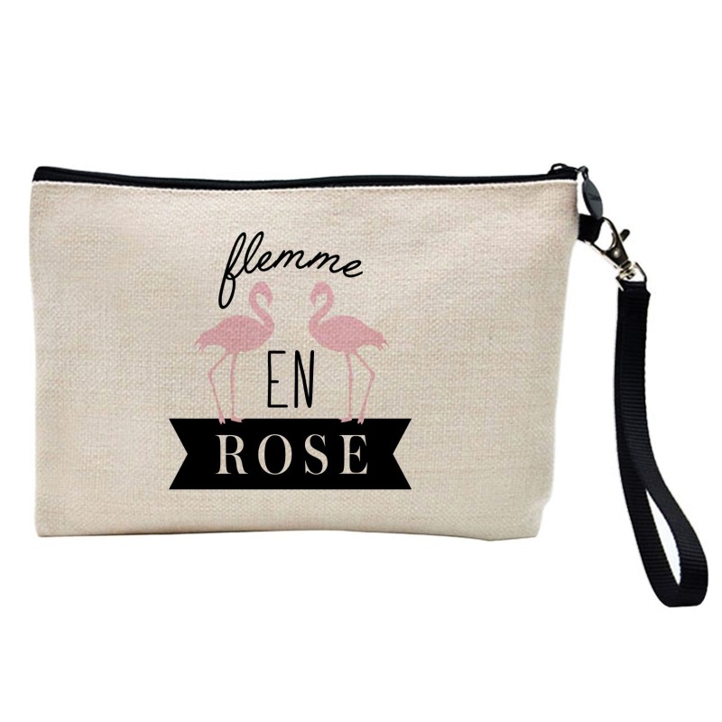 Pochette Trousse à crayons et maquillage lin imprimé citation flemme en rose