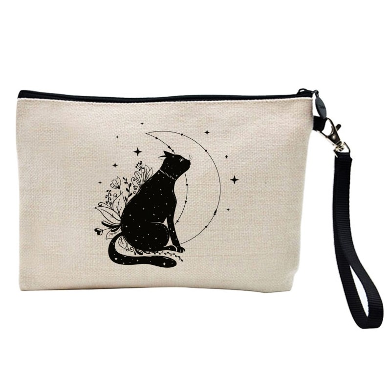 Pochette Trousse à crayons et maquillage lin imprimé citation illustration chat
