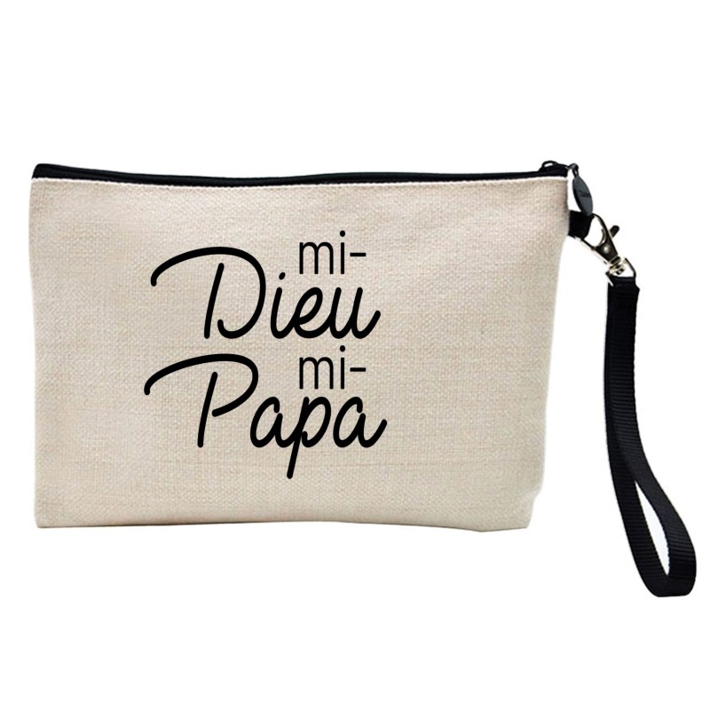 Pochette Trousse à crayons et maquillage lin imprimé citation Mi dieu mi papa