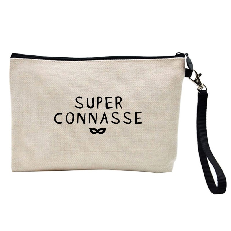 Pochette Trousse à crayons et maquillage lin imprimé citation Super connasse