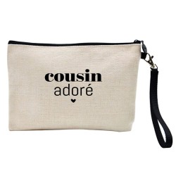 Pochette Trousse à crayons et maquillage lin imprimé citation Cousin adoré