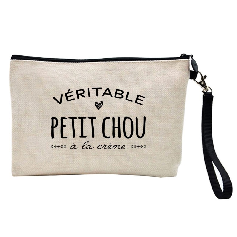 Pochette Trousse à crayons et maquillage lin imprimé citation Véritable petit chou à la crème