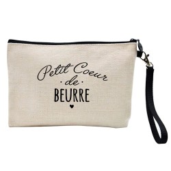 Pochette Trousse à crayons et maquillage lin imprimé citation Petit coeur de beurre