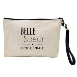 Pochette Trousse à crayons et maquillage lin imprimé citation Belle soeur trop géniale