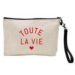 Pochette Trousse à crayons et maquillage lin imprimé citation Amour Toute la vie