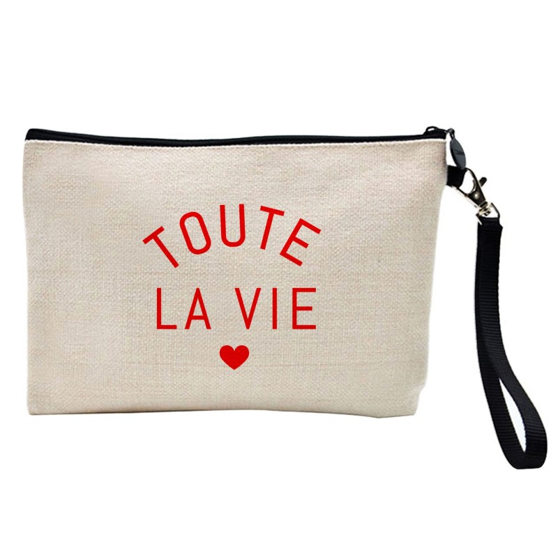 Pochette Trousse à crayons et maquillage lin imprimé citation Amour Toute la vie